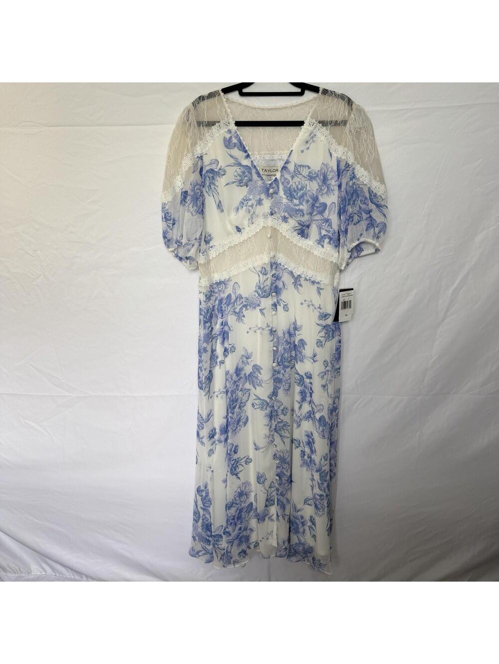 Taylor NWT Blue White Toile Floral Lace Yoke Midi Dress Plus Size 16 Cottagecore
